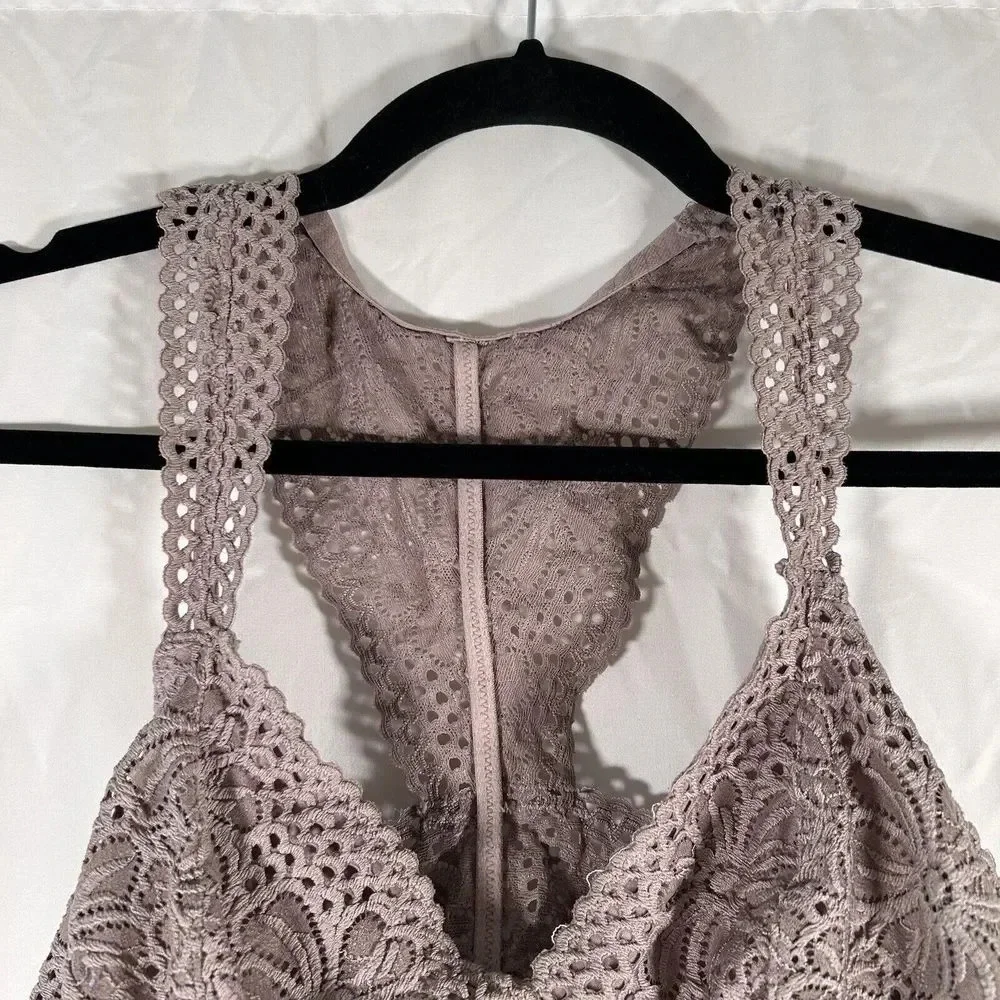 aerie Bralette Women's Large Dark Pink Floral Lace Open Knit Straps Pull On